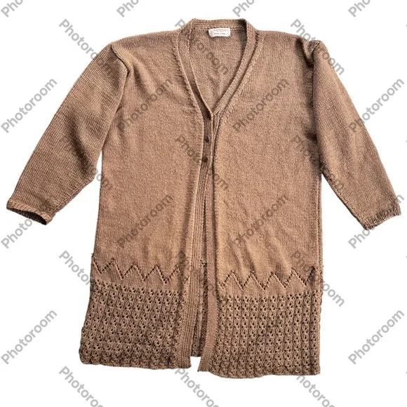 VINTAGE OOAK Handmade Warm Brown Knitted Duster Sweater ONE SIZE S - 3XL - Picture 7 of 9